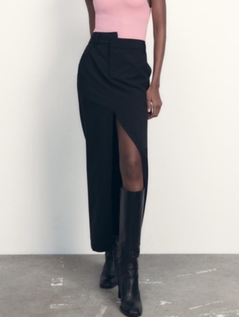 NEW! Zara Asymmetrical Waist Front Slit Black Maxi Skirt Size L